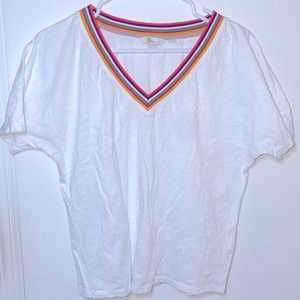 Boden white v-neck tshirt, colorful neck detailing, Size US 2/ UK 6